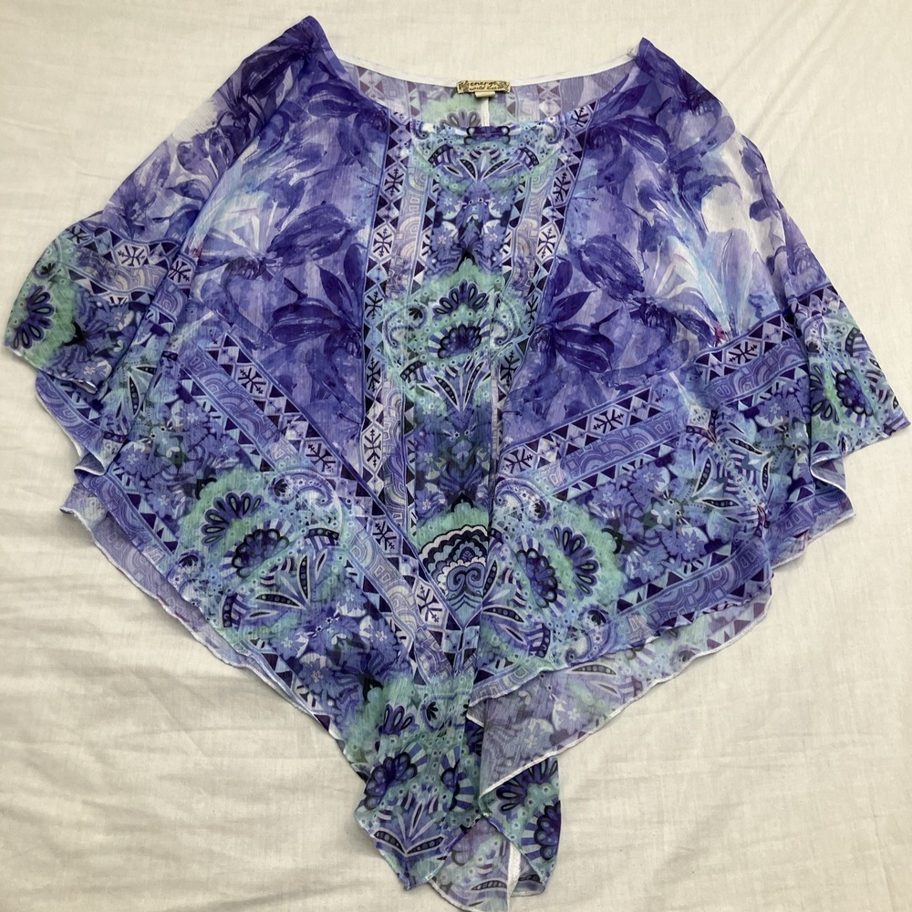 Energe World Wear Shirt Womens  Blouse Green Blue Short Sleeve Layered Paisley